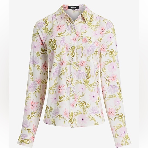 Express White Flowered Fitted Long Sleeve Button Down Shirt - Picture 2 of 4